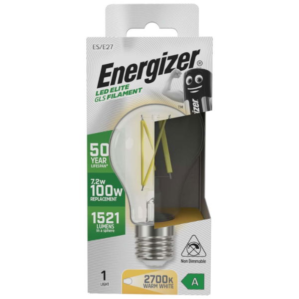 Energizer S29632 A Rated LED Elite GLS E27 Filament 1521lm 7.2W 2700K (Warm White) - Box of 12