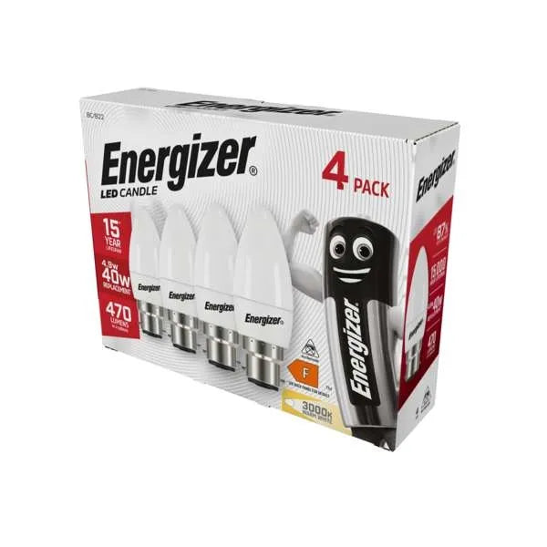 Energizer S14331 4.9W LED Candle B22 (BC) - 470lm - 3,000K (Warm White) - Box of 4