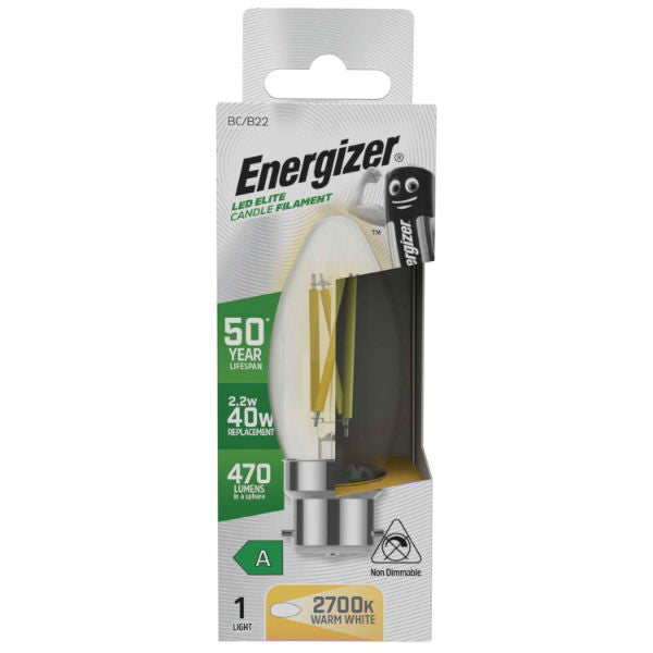 Energizer S29638 A Rated LED Elite Candle B22 Filament 470lm 2.2W 2700K (Warm White) - Box of 12