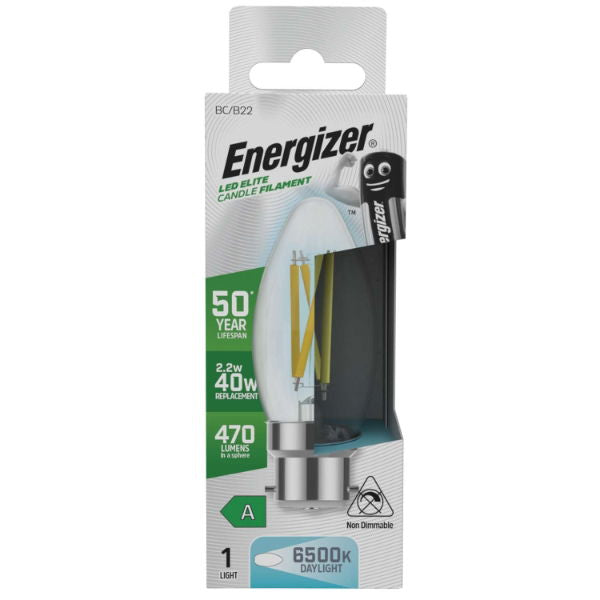 Energizer S29639 A Rated LED Elite Candle B22 Filament 470lm 2.2W 6500K (Daylight) - Box of 12