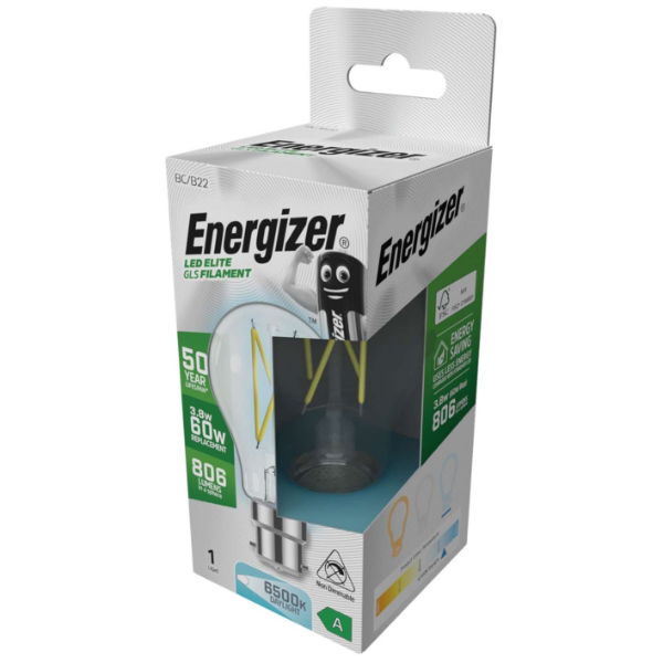 Energizer S29631 A Rated LED Elite GLS B22 Filament 806lm 3.8W 6500K (Daylight) - Box of 12