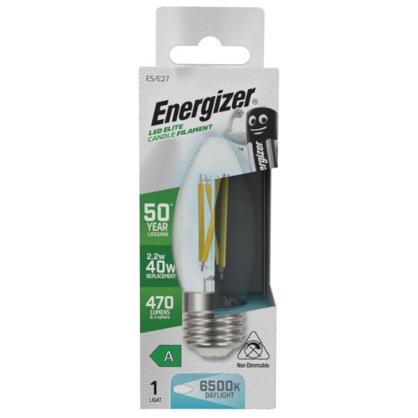 Energizer S29637 A Rated LED Elite Candle E27 Filament 470lm 2.2W 6500K (Daylight) - Box of 12