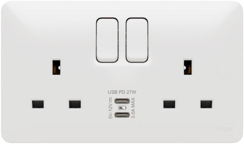 Hager Sollysta WMSS82-USBCC 13A 2 Gang Double Pole Switched Socket USB C+C PD