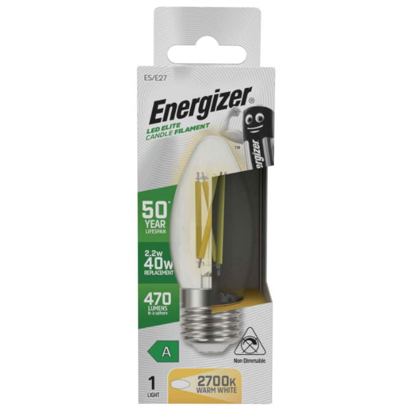 Energizer S29636  A Rated LED Elite Candle E27 Filament 470lm 2.2W 2700K (Warm White) Pack of 12 - Box of 12