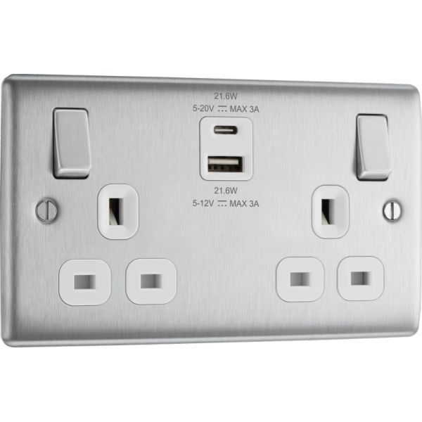 BG Nexus NBS22UAC22W 2 Gang 13A USB Switched Socket Metal Brushed Steel