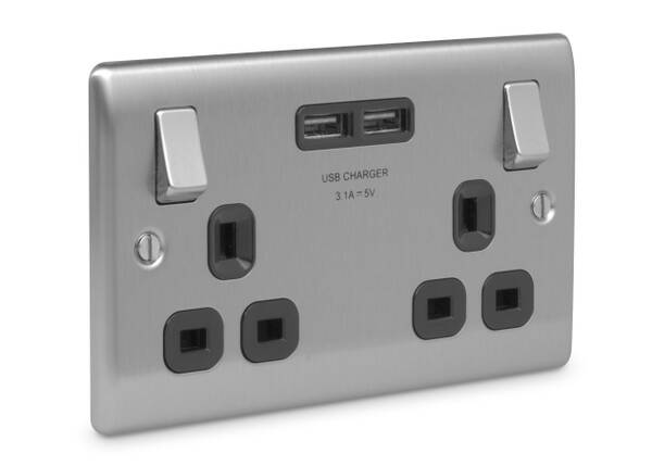 BG Nexus NBS22U3B 2G Switched Socket USB Brushed Steel -  Black Insert