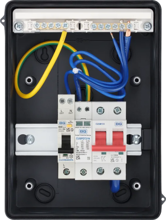 BG CFEV5RDA 100A Main Switch, 40A 30mA Double Pole RCBO EV Circuit Protection
