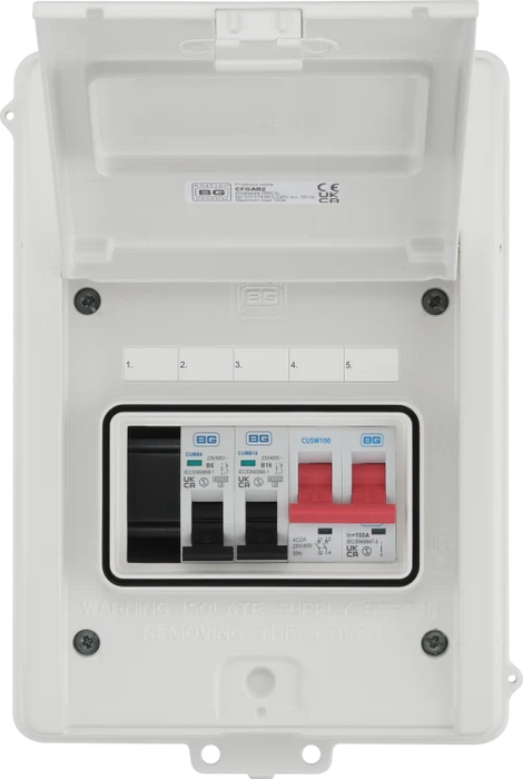 BG CFGAR2 Garage Unit IP65 with 100A Main Switch & 6 + 16A MCBs