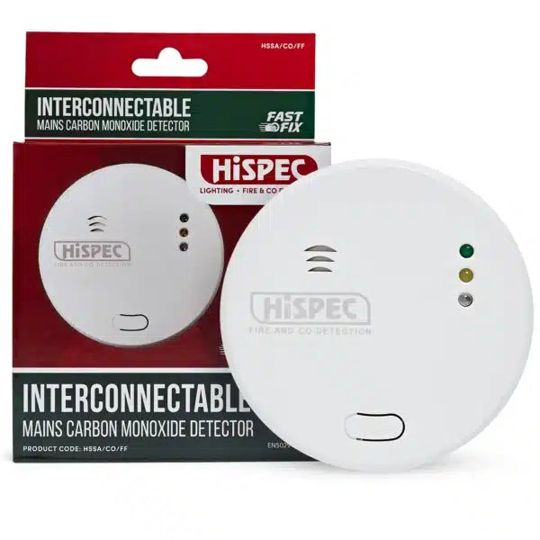 Hispec HSSA/CO/FF10 Interconnectable Fast Fix Mains Carbon Monoxide Detector with 10yr Rechargeable Lithium Battery Back