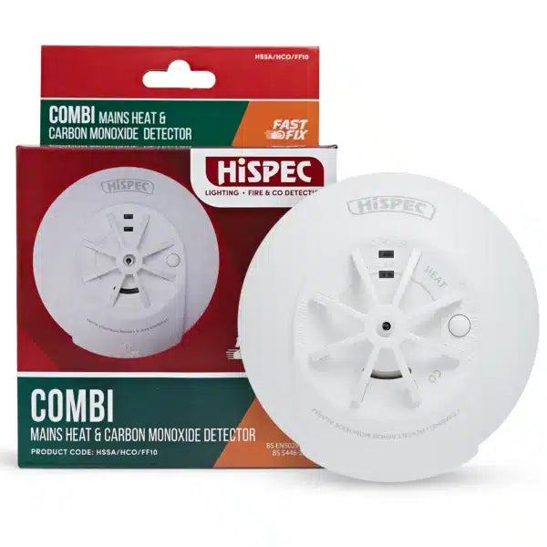 Hispec HSSA/HCO/FF10 COMBi Fast Fix Mains Heat & Carbon Monoxide Detector with 10yr Rechargeable Lithium Battery Backup