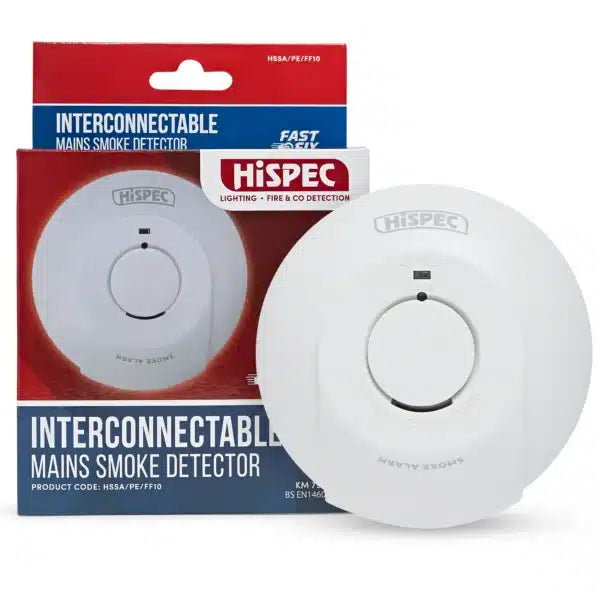 Hispec HSSA/PE/FF10 Interconnectable Fast Fix Mains Smoke Detector with 10yr Rechargeable Lithium Battery Backup