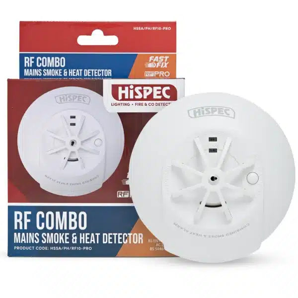 Hispec HSSA/PH/RF10-PRO RF COMBO Fast Fix Mains Smoke & Heat Detector with 10yr Rechargeable Lithium Battery Backup