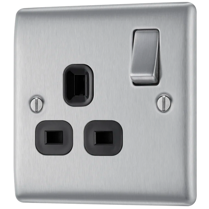 BG Nexus NBS21B 1G Switched Socket Brushed Stainless Black Insert