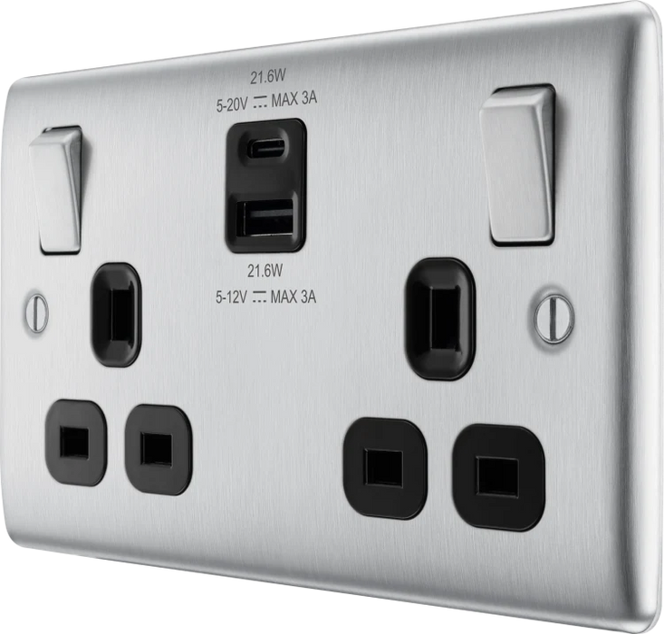 BG Nexus NBS22UAC22B Double Switched Single Pole, with USB A + C (22W) Brushed Steel