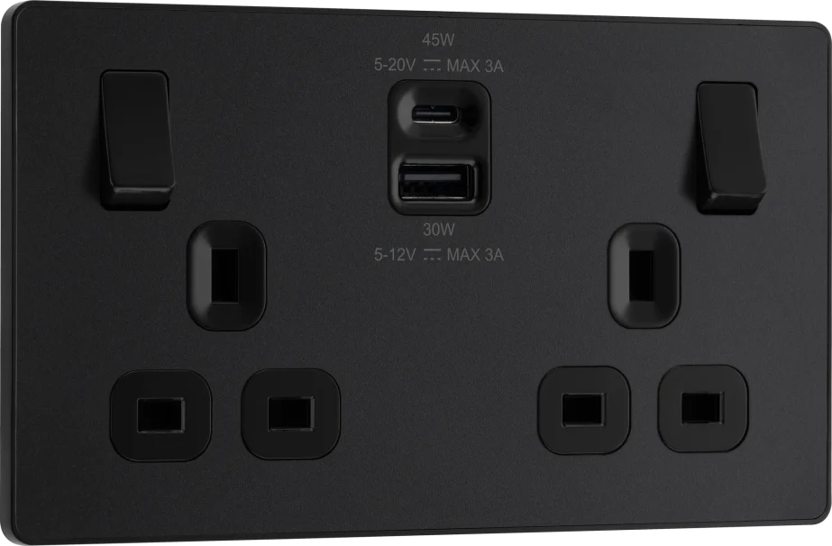 BG Evolve PCDMB22UAC45B 2 Gang 13A 1x USB A 1x USB C 45W Switched Socket - Black Insert Matt Black