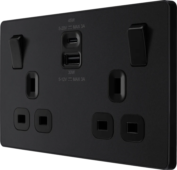 BG Evolve PCDMB22UAC45B 2 Gang 13A 1x USB A 1x USB C 45W Switched Socket - Black Insert Matt Black