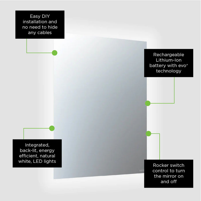 Sensio SE140049N0 Lustro Rectangle Back-lit Rechargeable EVO+ Lithium-Ion Battery LED Mirror - Natural White - 390mm x 500mm