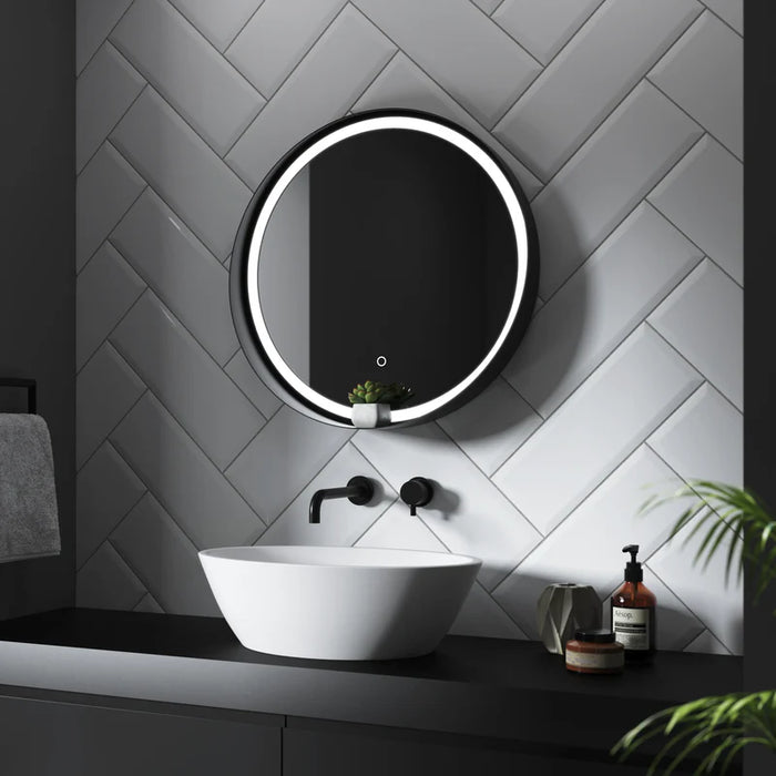 Sensio SE30398T0 Dawn Round Mirror Matt Black Frame & Shelf - 600x110mm - Cool White