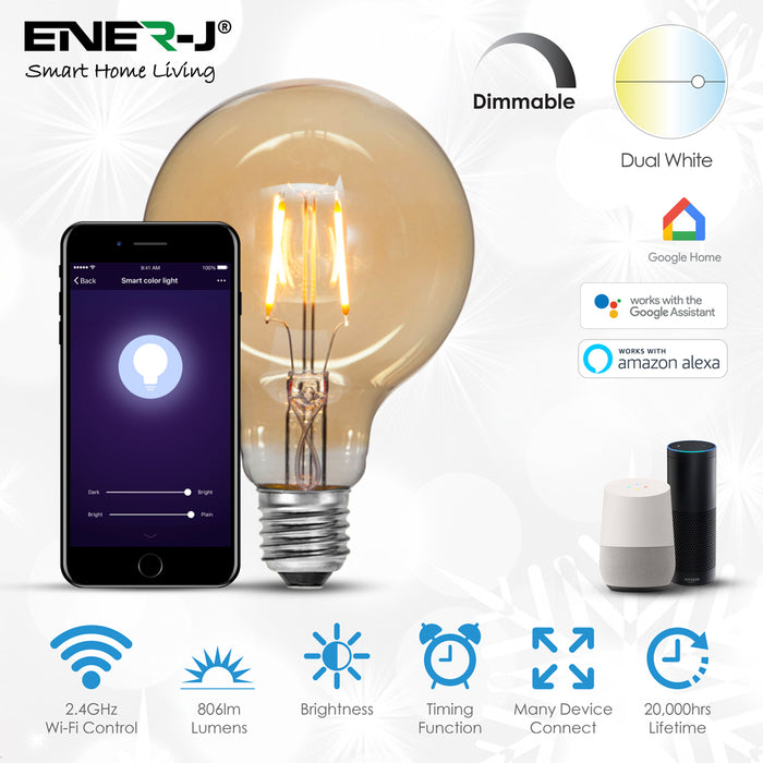 ENER-J SHA5309 WiFi Smart 8.5W Globe LED Dimmable & CCT Changing Filament Lamp