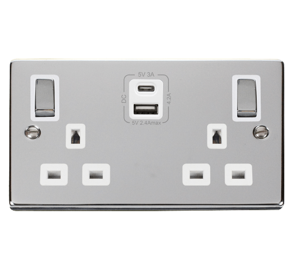 Click Scolmore Deco VPCH586WH Ingot Switched Safety Shutter Socket Outlet 13A 2G Polished Chrome