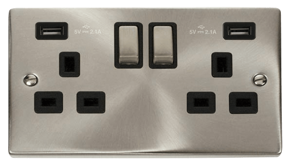 Click Deco VPSC580BK Switched Socket w/USB  Satin Chrome