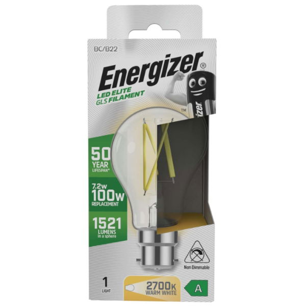 Energizer S29634 A Rated LED Elite GLS B22 Filament 1521lm 7.2W 2700k (Warm White) - Box of 12