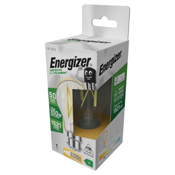 Energizer S29634 A Rated LED Elite GLS B22 Filament 1521lm 7.2W 2700k (Warm White) - Box of 12