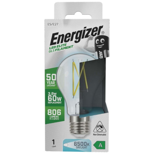 Energizer S29629 A Rated LED Elite GLS E27 Filament 806lm 3.8W 6500K (Daylight) - Box of 12