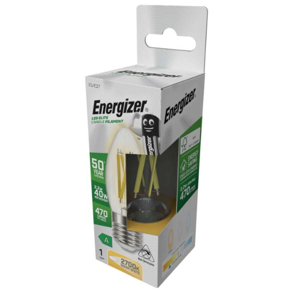 Energizer S29636  A Rated LED Elite Candle E27 Filament 470lm 2.2W 2700K (Warm White) Pack of 12 - Box of 12