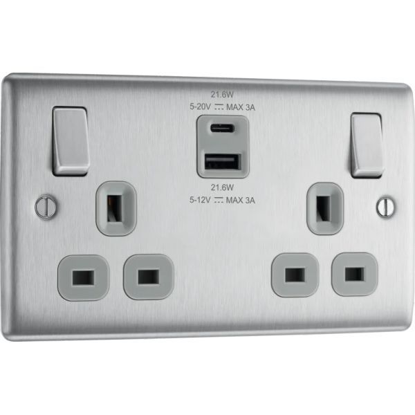 BG NBS22UAC22G Nexus Metal Brushed Steel 2G 13A USB A USB C Switched Socket