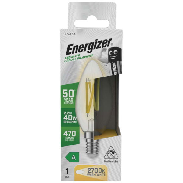 Energizer S29640 A Rated LED Elite Candle E14 Filament 470lm 2.2W 2700K (Warm White) - Box of 12