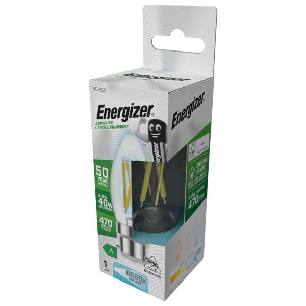 Energizer S29639 A Rated LED Elite Candle B22 Filament 470lm 2.2W 6500K (Daylight) - Box of 12