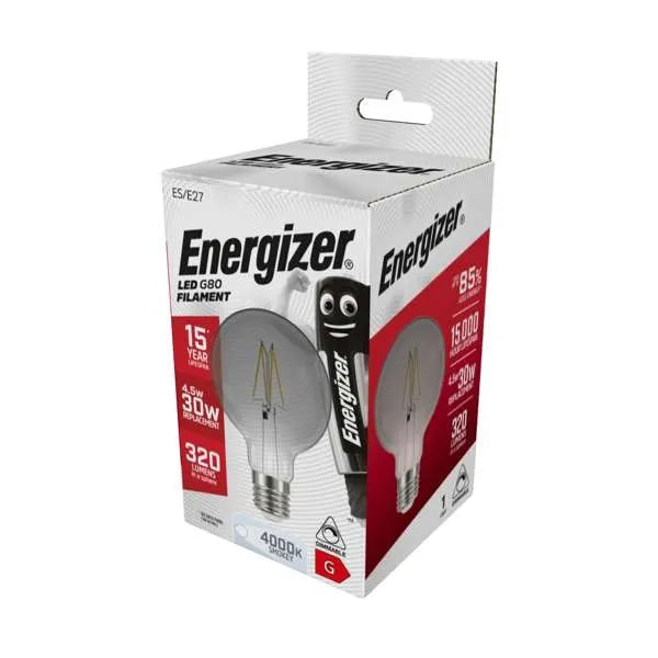 Energizer Filament S15031 Smokey LED G80 Globe 4.5W ES Dimmable