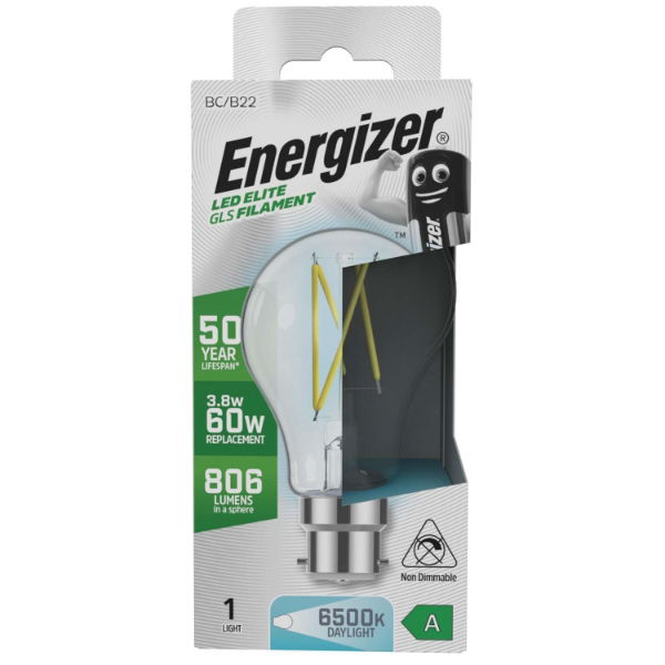 Energizer S29631 A Rated LED Elite GLS B22 Filament 806lm 3.8W 6500K (Daylight) - Box of 12