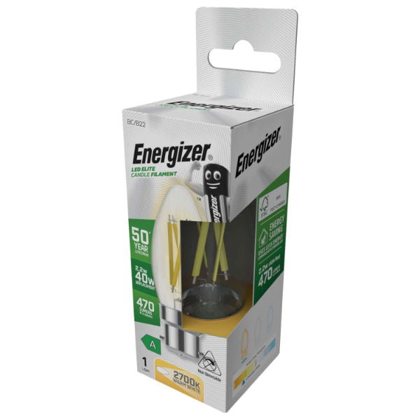 Energizer S29638 A Rated LED Elite Candle B22 Filament 470lm 2.2W 2700K (Warm White) - Box of 12