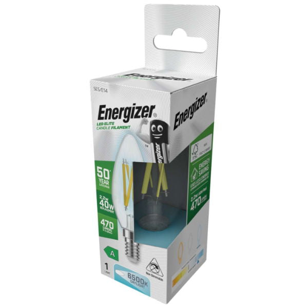 Energizer S29641  A Rated LED Elite Candle E14 Filament 470lm 2.2W 6500K (Daylight) - Box of 12