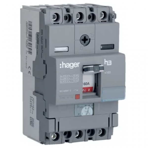 Hager HDA160U Moulded Case Circuit Breaker h3 x160 TM ADJ 3P3D 160A 18kA CTC